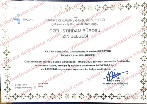 İŞKUR Özel İstihdam Bürosu İzin Belgesi No: 1489