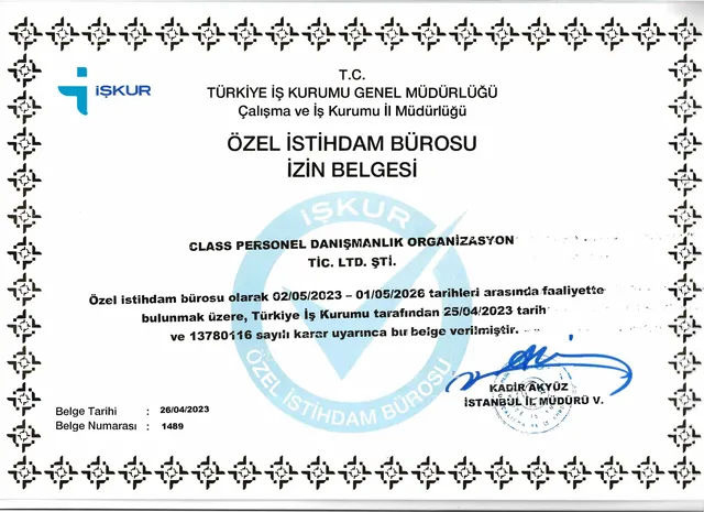 İŞKUR Özel İstihdam Bürosu İzin Belgesi No: 1489